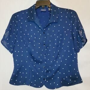 Vintage Laura Scott blue button down polka-dot short sleeve scalloped hem blouse